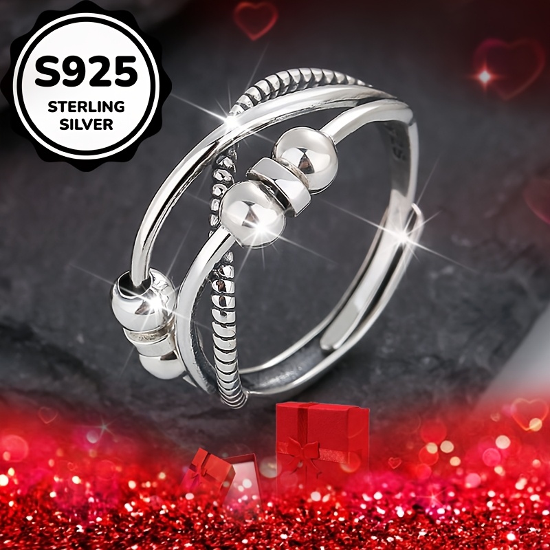 925 Sterling Silver Double Strand Beaded Ring Rotating Pearls Bohemian Style
